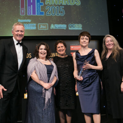 image of THE Awards - Rory Bremner, Michelle Castelletti, Fiona Stuart, Linda Merrick, Anita Taylor (Chair of Council for Higher Education in Art and Design)