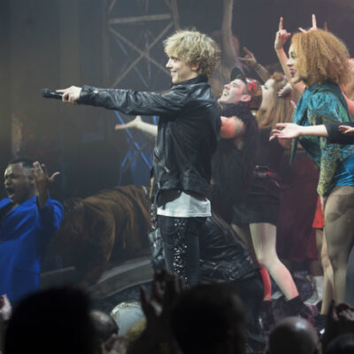 Andrew Polec (Strat) & the cast of Bat Out Ot Hell at the Opera House Manchester during the curatin call at First Night of Bat Out of Hell Manchester Opera House credit Phil Tragen