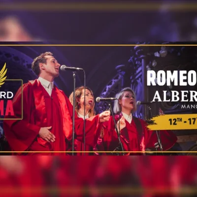 promotional poster for Romeo and Juliet at Manchester's Albert Hall with a live band and choir