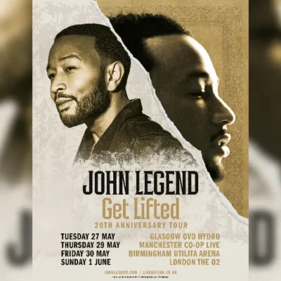promotional tour poster for John Legend's Get Lifted UK tour 2025